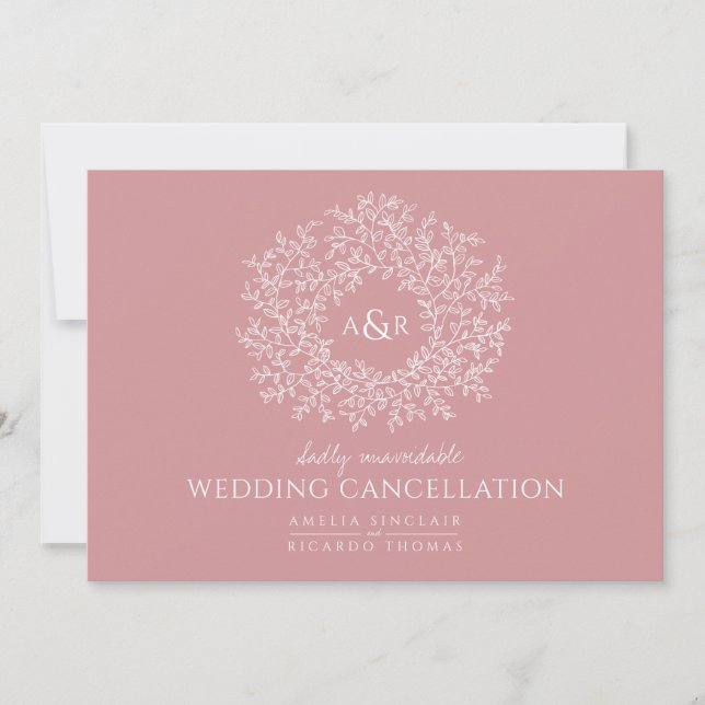 Monogram pink leaves wedding cancelled landscape announcement (Front)