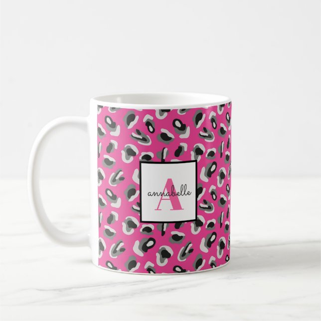 Monogram Pink Leopard Print Pattern Personalized Coffee Mug (Left)