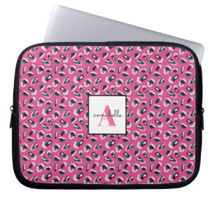 Monogram Pink Leopard Print Pattern Personalized Laptop Sleeve