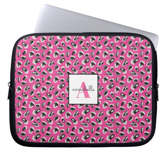 Monogram Pink Leopard Print Pattern Personalized Laptop Sleeve (Front)