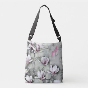 Monogram Pink magnolia branch drawing grey black Crossbody Bag