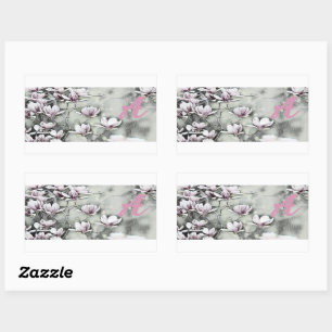 Monogram Pink magnolia branch drawing grey black Sticker