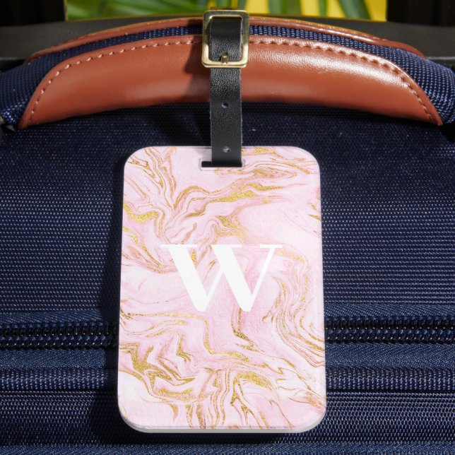 Monogram Pink Marble Gold Glitter  Luggage Tag (Front Insitu 2)