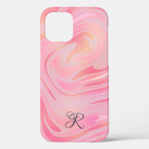 Monogram Pink Marble Swirl & Gold Glitter Pattern  iPhone 12 Case