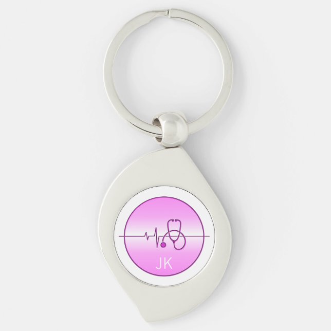 Monogram Pink Medical Stethoscope Heartbeat Keychain (Front)