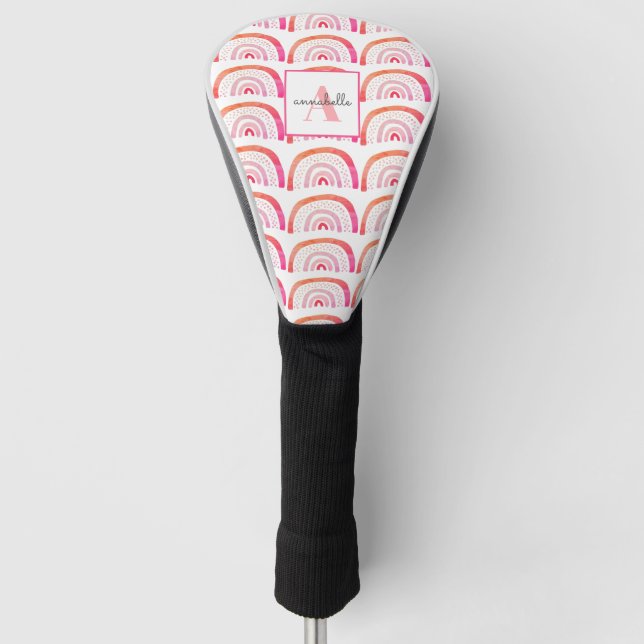 Monogram Pink Peach Rainbow Pattern Personalized Golf Head Cover (Front)