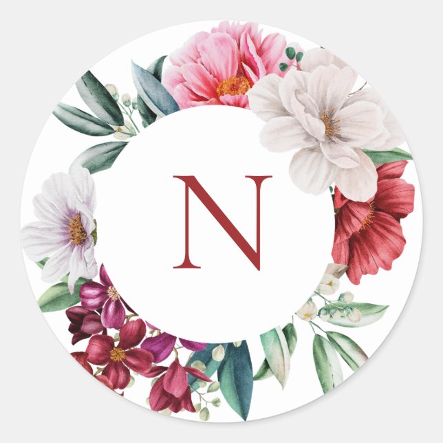 Monogram Pink Peonies Classic Round Sticker (Front)