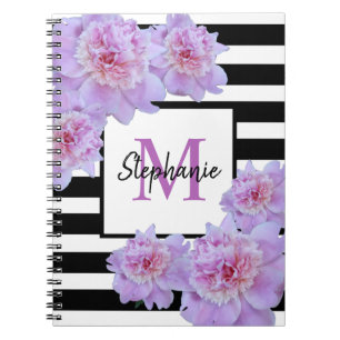 Monogram Pink Peony Flower Black Stripe Purple Notebook