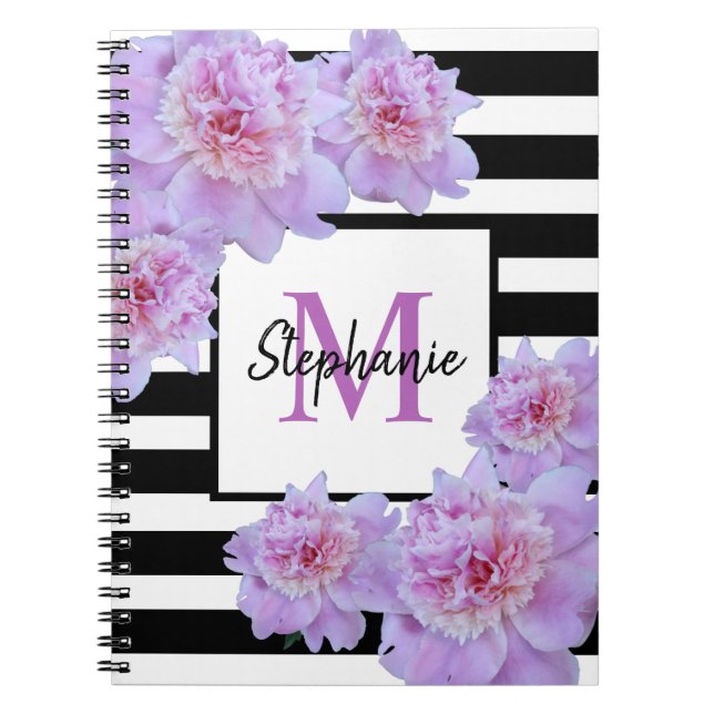 Monogram Pink Peony Flower Black Stripe Purple Notebook (Front)
