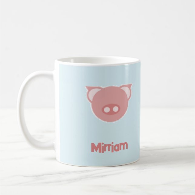 Monogram pink piglet on blue coffee mug (Left)