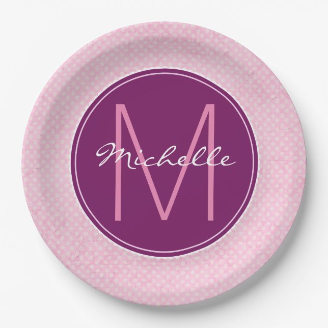 Monogram Pink Polka Dots Paper Plate (Front)