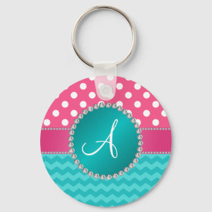 Monogram pink polka dots turquoise chevron sparkle keychain