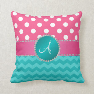 Monogram pink polka dots turquoise chevron sparkle throw pillow