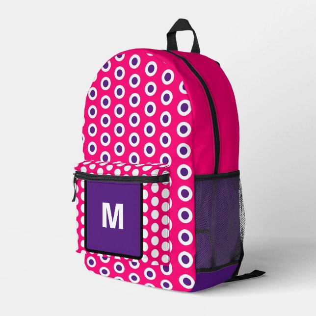 Monogram Pink Purple Polka Dots  Printed Backpack (Back Corner Right)