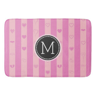 Monogram Pink Purple Stripes Modern Heart Pattern Bath Mat
