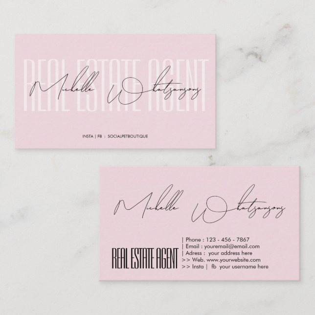 Monogram pink REAL ESTATE AGENT modern script Business Card (Front/Back)