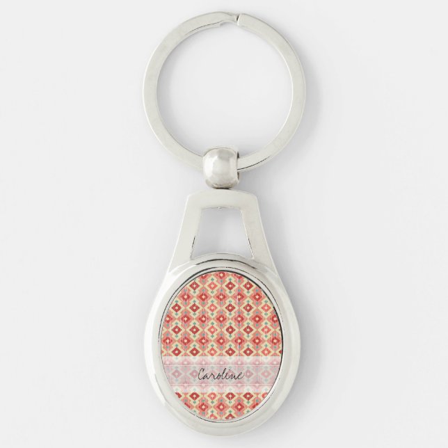 Monogram Pink Red Geo Tribal Ikat Diamond Pattern Keychain (Front)