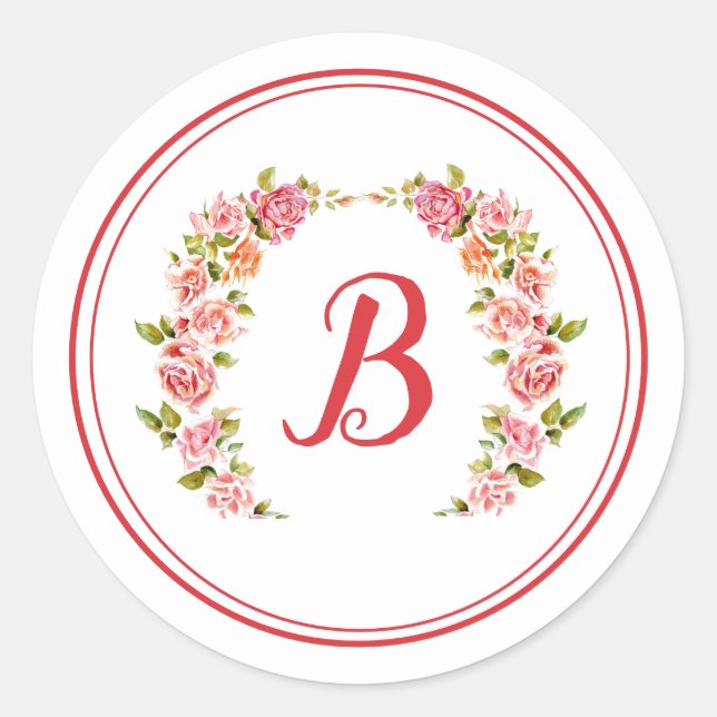 Monogram: Pink Rose Arc Sunlight Font & Circle  Classic Round Sticker (Front)