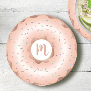 Monogram pink rose gold foil doughnut script glam round paper coaster