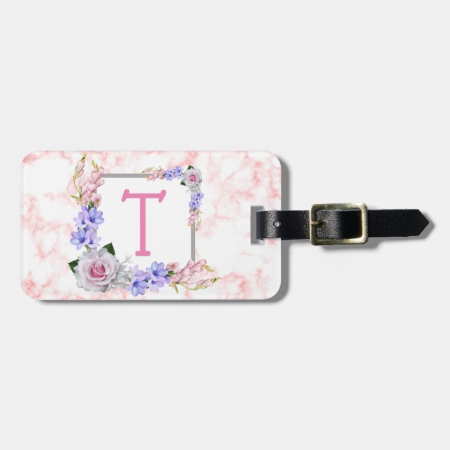 Monogram Pink Rose Marble Luggage Tag (Front Horizontal)