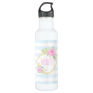 Monogram Pink Roses Blueberry Water Bottle (24 oz)