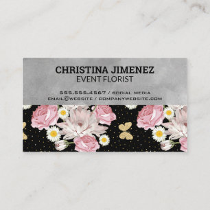 Monogram Pink Roses Flowers and Butterflies Business Card