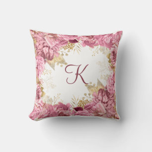 Monogram Pink Roses Gold Elegant Floral Throw Pillow