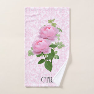Monogram Pink Roses on Damask Floral Hand Towel