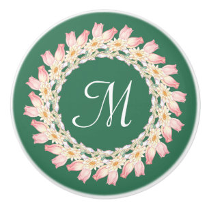 Monogram Pink Roses Water Lilies Vintage Retro Ceramic Knob