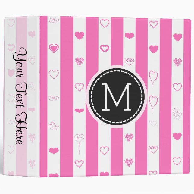 Monogram Pink Stripes Elegant Modern Heart Binder (Front/Spine)