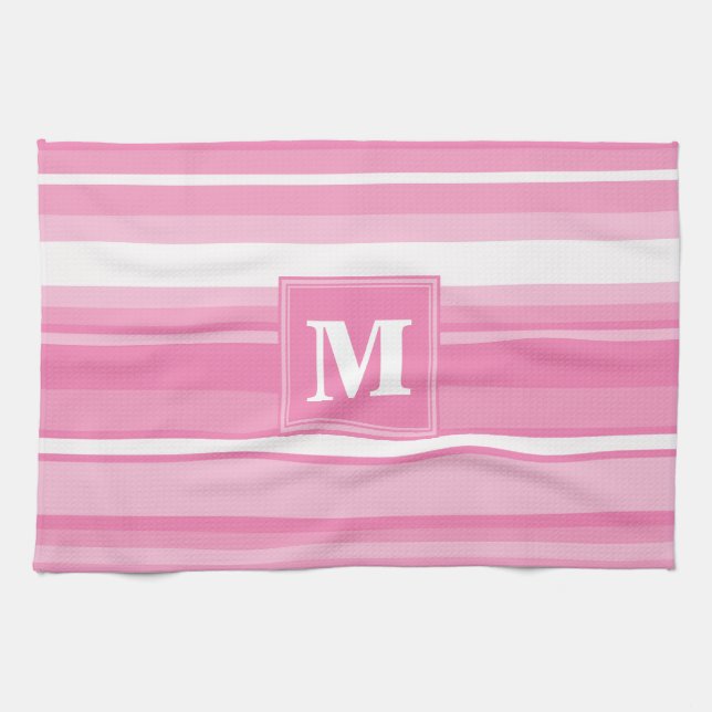 Monogram pink stripes kitchen towel (Horizontal)
