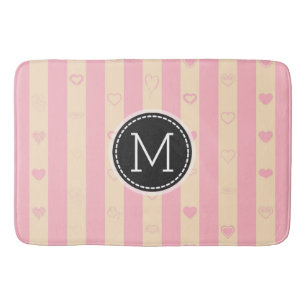 Monogram Pink Stripes Modern Heart Pattern Bath Mat