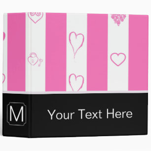 Monogram Pink Stripes Modern Heart Pattern Binder