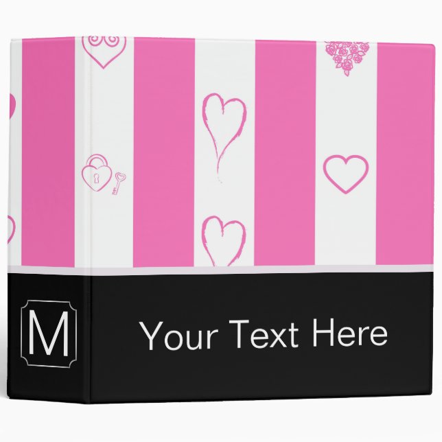 Monogram Pink Stripes Modern Heart Pattern Binder (Front/Spine)