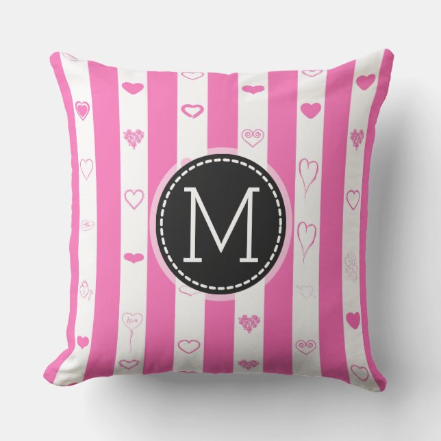 Monogram Pink Stripes Modern Heart Pattern Throw Pillow (Front)
