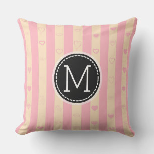 Monogram Pink Stripes Modern Heart Pattern Throw Pillow