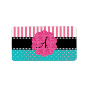 Monogram pink stripes turquoise diamonds label