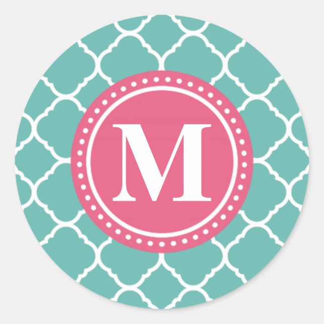 Monogram Pink Teal Blue Quatrefoil Pattern Classic Round Sticker (Front)