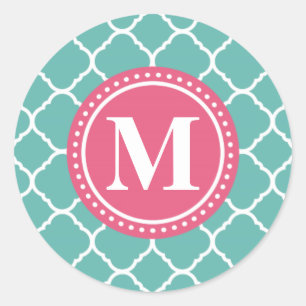 Monogram Pink Teal Blue Quatrefoil Pattern Classic Round Sticker