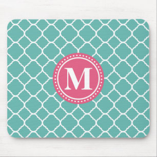 Monogram Pink Teal Blue Quatrefoil Pattern Mouse Pad