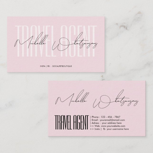 Monogram pink TRAVEL AGENT modern script Business Card (Front/Back)