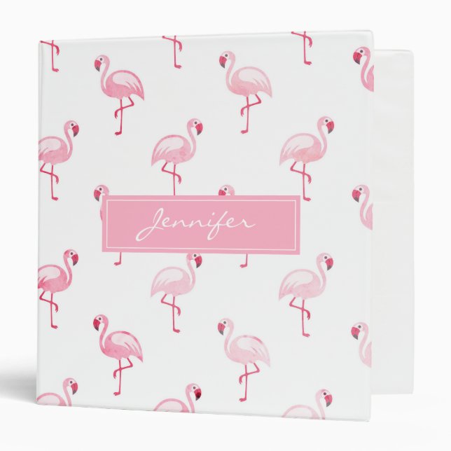 Monogram Pink Tropical Flamingo Pattern on White Binder (Front/Inside)