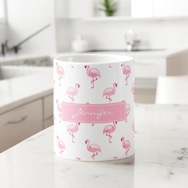 Monogram Pink Tropical Flamingo Pattern on White Coffee Mug (Creator Uploaded)