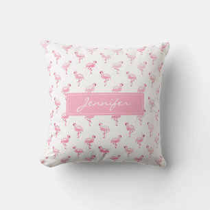Monogram Pink Tropical Flamingo Pattern on White Throw Pillow