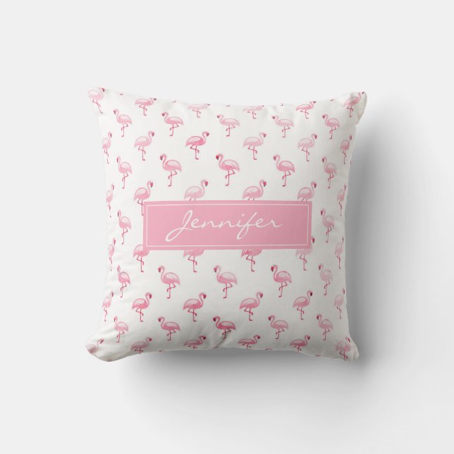 Monogram Pink Tropical Flamingo Pattern on White Throw Pillow (Front)