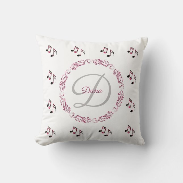 Monogram Pink Vintage Roses Music Notes Throw Pillow (Front)