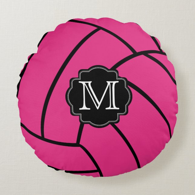 Monogram Pink Volleyball Round Throw Pillow (Front)