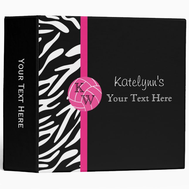 Monogram Pink Volleyball Zebra Print Binder (Front/Spine)