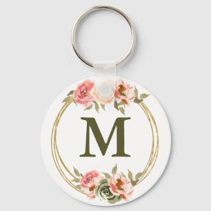 Monogram Pink Watercolor Floral Keychain