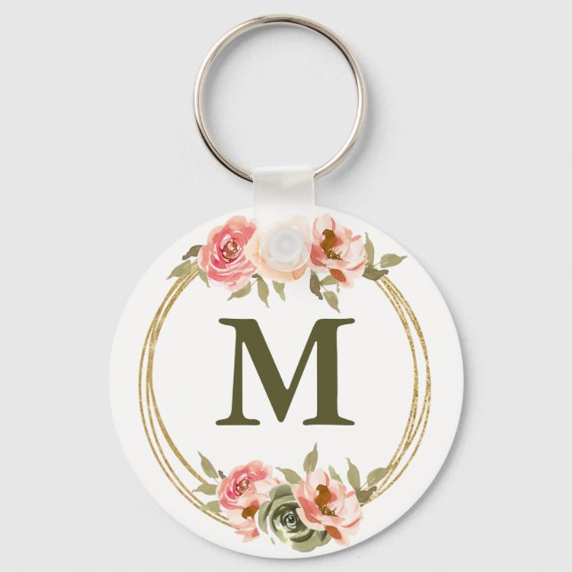 Monogram Pink Watercolor Floral  Keychain (Front)